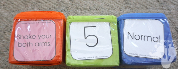 Free Wiggle and Shake  Gross Motor Dice - 12 movement, color, black & white, and speed dice for kids to have fun with - 3Dinosaurs.com #grossmotor #hokiepokie #freeprintable