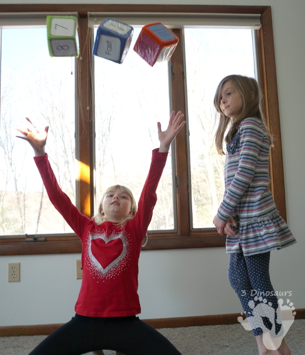 Free Wiggle and Shake  Gross Motor Dice - 12 movement, color, black & white, and speed dice for kids to have fun with - 3Dinosaurs.com #grossmotor #hokiepokie #freeprintable