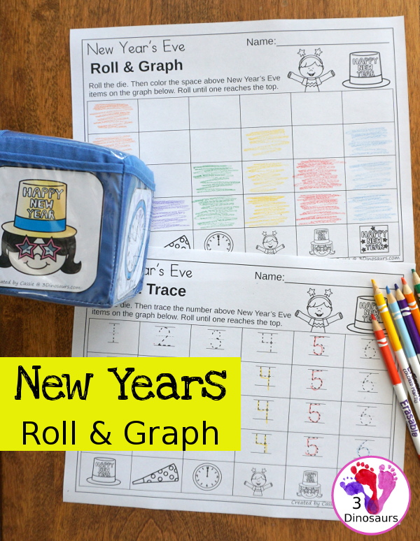 Free New Year's Roll & Graph - works on graphing or numbers 1 to 30 with a fun New Year's Eve theme - 3Dinosaurs.com