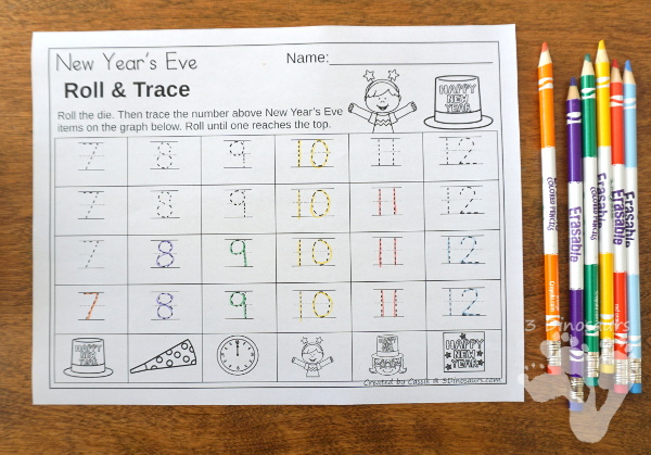 Free New Year's Roll & Graph - works on graphing or numbers 1 to 30 with a fun New Year's Eve theme - 3Dinosaurs.com