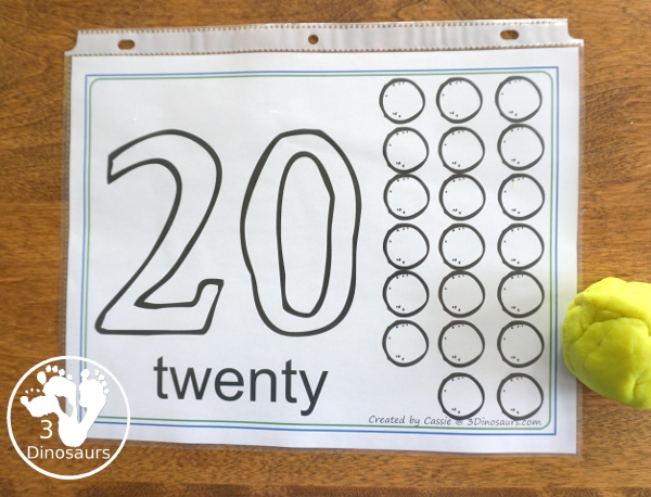 Free Number Playdough Mats: 1 to 20 - simple and easy number playdough mats to use with kids. They have the numerical number and circles to use playdough to make the number and count up to that number. - 3Dinosaurs.com