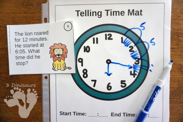 Free Easy To Use Math Help: Telling Time Mats - 2 mats to help with clocks and time number lines for helping with math questions about amount of time - 3Dinosaurs.com