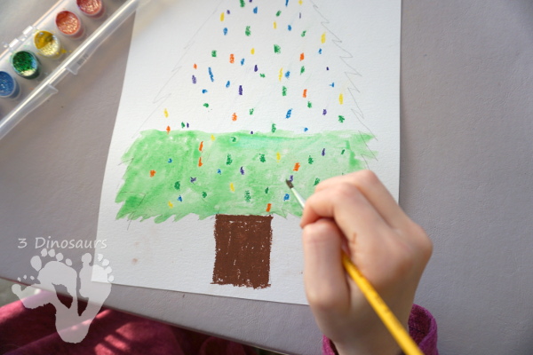 Watercolor and Oil Pastels Christmas Trees - Easy to do Christmas watercolor painting with great for open-ended design - 3Dinosaurs.com