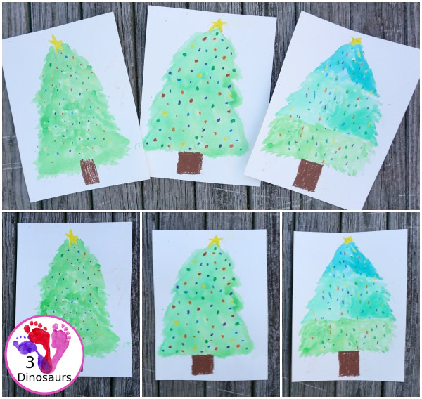 Watercolor and Oil Pastels Christmas Trees - Easy to do Christmas watercolor painting with great for open-ended design - 3Dinosaurs.com