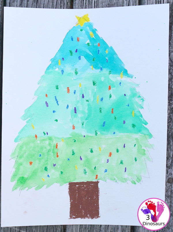 Watercolor and Oil Pastels Christmas Trees - Easy to do Christmas watercolor painting with great for open-ended design - 3Dinosaurs.com
