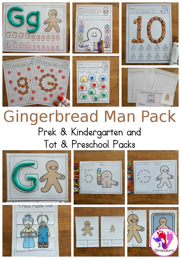 Gingerbread Packs for Preschool & Tot and PreK & Kindergarten - two different levels of packs with activities for different ages all-around a Gingerbread Man theme. There is a mix of hands-on and no-prep printables for kids to learn with - 3Dinosaurs.com
