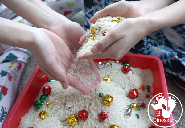 Jingle Bell Sensory Bin - a fun way to do activities with bells and sensory play at the same time. Easy to set up and use for Christmas time. - 3Dinosaurs.com