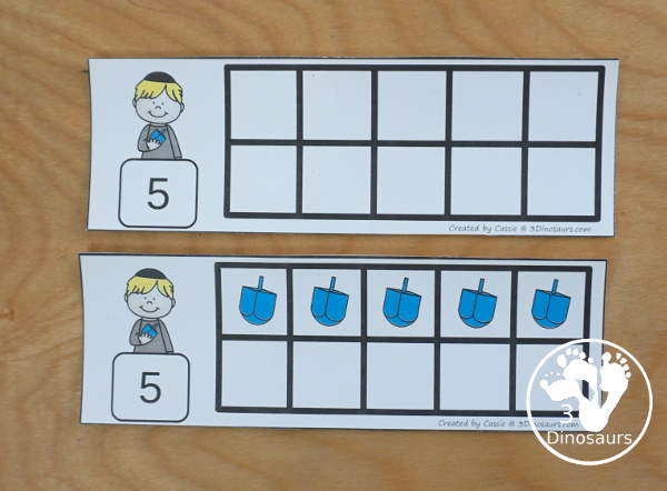Free Hanukkah Ten Frame Cards - two set with cards to work on numbers from 1 to 10 with cards filled out and blank - 3Dinosaurs.com