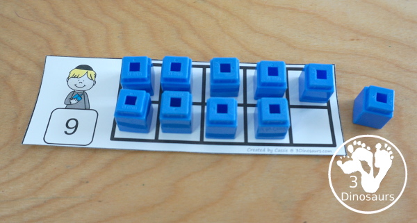 Free Hanukkah Ten Frame Cards - two set with cards to work on numbers from 1 to 10 with cards filled out and blank - 3Dinosaurs.com