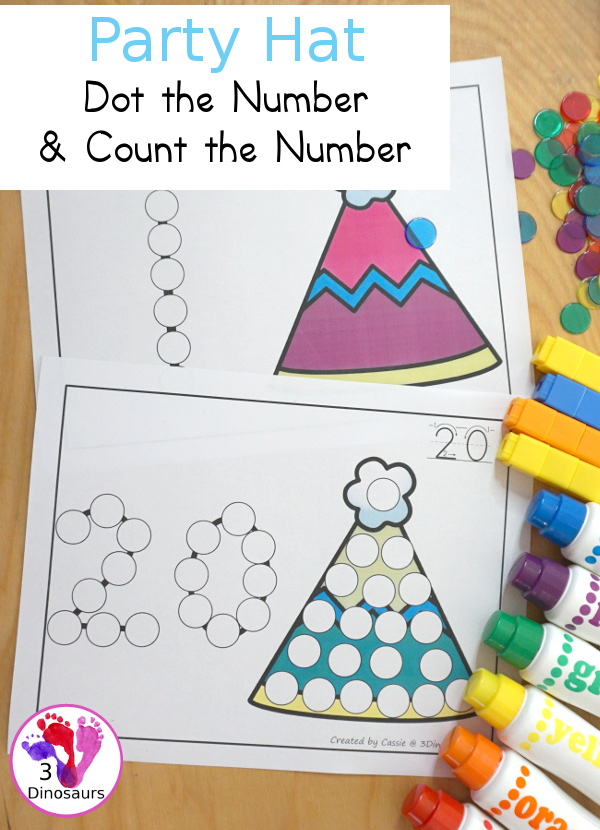 Party Hat Dot the Number Count the Number - easy way to work on numbers from 0 to 20 with fine motor work and counting with this great party and New Years themed for PreK and Kindergarten - 3Dinosaurs.com