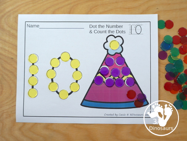 Party Hat Dot the Number Count the Number - easy way to work on numbers from 0 to 20 with fine motor work and counting with this great party and New Years themed for PreK and Kindergarten - 3Dinosaurs.com