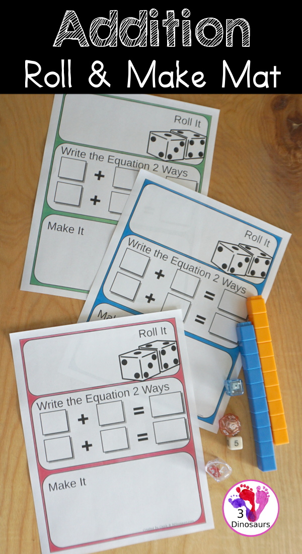 Free Addition Roll & Make Mats - with 10 colors to pick from  with rolling area, writing equation area, and building area. You also have a recording sheet - 3Dinosaurs.com