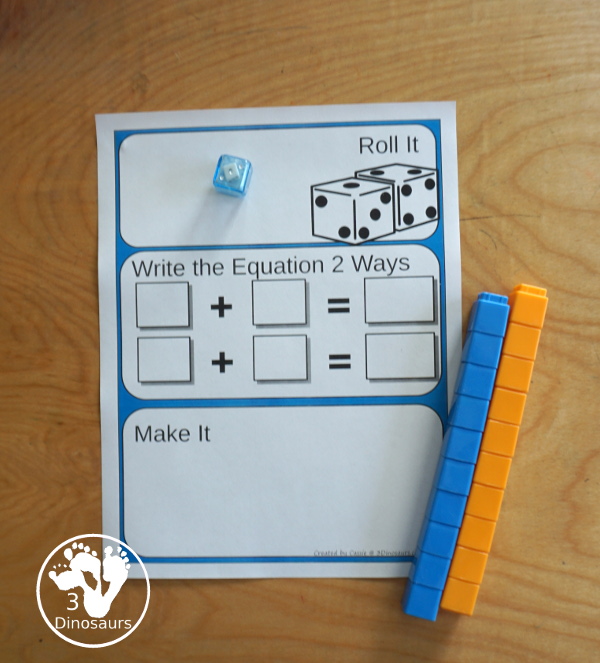 Free Addition Roll & Make Mats - with 10 colors to pick from  with rolling area, writing equation area, and building area. You also have a recording sheet - 3Dinosaurs.com