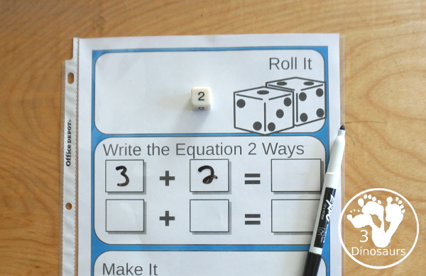 Free Addition Roll & Make Mats - with 10 colors to pick from  with rolling area, writing equation area, and building area. You also have a recording sheet - 3Dinosaurs.com