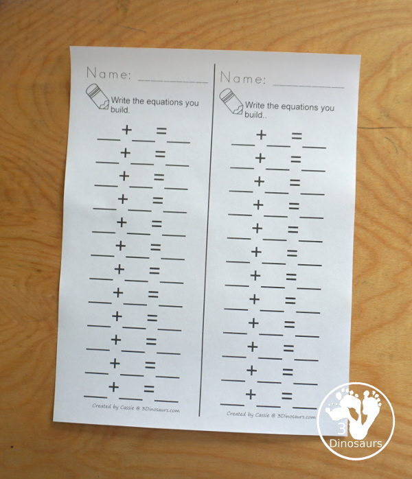 Free Addition Roll & Make Mats - with 10 colors to pick from  with rolling area, writing equation area, and building area. You also have a recording sheet - 3Dinosaurs.com