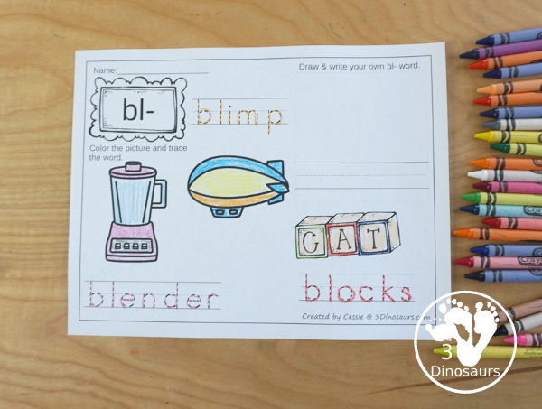 Blends Coloring pages with a color pages for each blend with tracing and writing options for the blends on the coloring page. - 3Dinosaurs.com