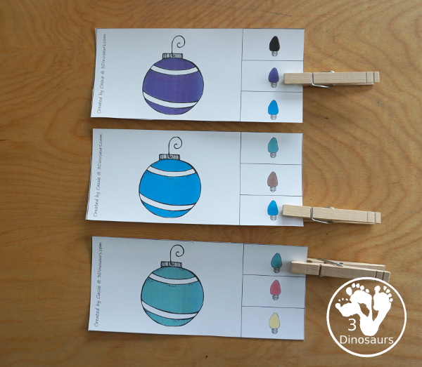 Christmas Ornament Color Pack - with 78 pages of printables with color easy reader book, color clip cards, color tracing strips, color writing strips, color pocket chart cards, color word writing, color word puzzles, and more all to work on learning color words. This is a great Christmas Ornament theme - 3Dinosaurs.com