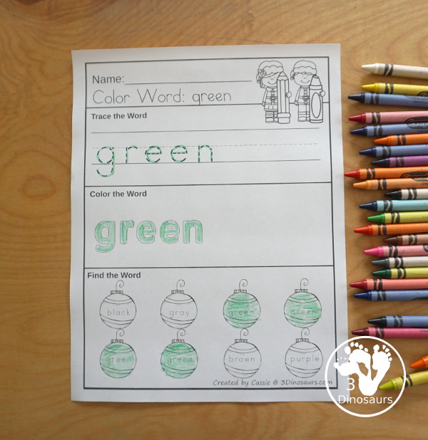 Christmas Ornament Color Pack - with 78 pages of printables with color easy reader book, color clip cards, color tracing strips, color writing strips, color pocket chart cards, color word writing, color word puzzles, and more all to work on learning color words. This is a great Christmas Ornament theme - 3Dinosaurs.com