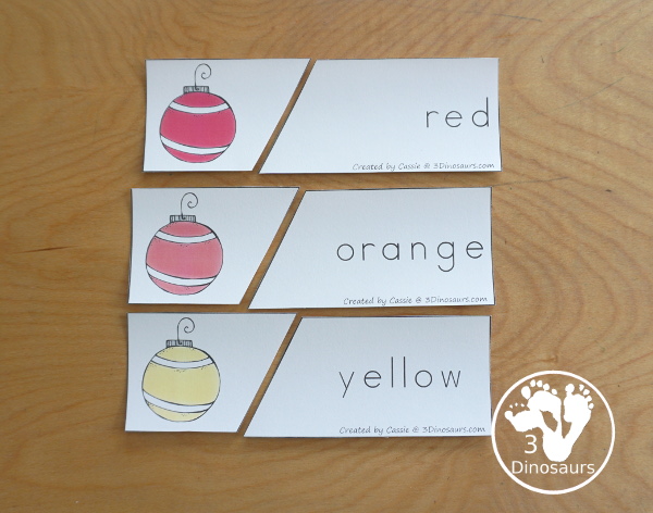 Christmas Ornament Color Pack - with 78 pages of printables with color easy reader book, color clip cards, color tracing strips, color writing strips, color pocket chart cards, color word writing, color word puzzles, and more all to work on learning color words. This is a great Christmas Ornament theme - 3Dinosaurs.com