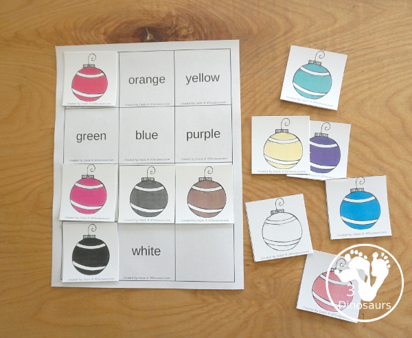 Christmas Ornament Color Pack - with 78 pages of printables with color easy reader book, color clip cards, color tracing strips, color writing strips, color pocket chart cards, color word writing, color word puzzles, and more all to work on learning color words. This is a great Christmas Ornament theme - 3Dinosaurs.com