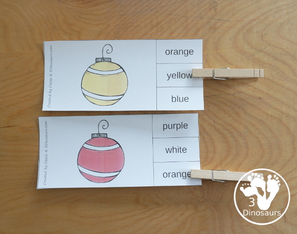 Christmas Ornament Color Pack - with 78 pages of printables with color easy reader book, color clip cards, color tracing strips, color writing strips, color pocket chart cards, color word writing, color word puzzles, and more all to work on learning color words. This is a great Christmas Ornament theme - 3Dinosaurs.com