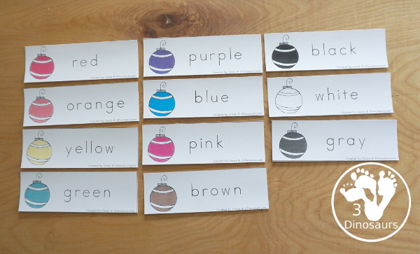 Christmas Ornament Color Pack - with 78 pages of printables with color easy reader book, color clip cards, color tracing strips, color writing strips, color pocket chart cards, color word writing, color word puzzles, and more all to work on learning color words. This is a great Christmas Ornament theme - 3Dinosaurs.com