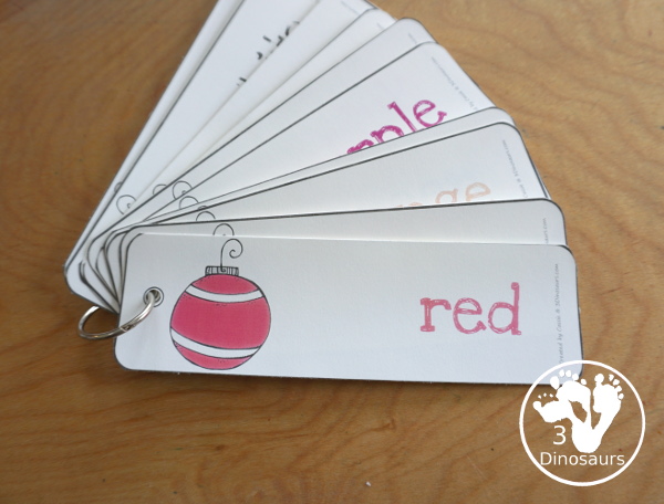 Christmas Ornament Color Pack - with 78 pages of printables with color easy reader book, color clip cards, color tracing strips, color writing strips, color pocket chart cards, color word writing, color word puzzles, and more all to work on learning color words. This is a great Christmas Ornament theme - 3Dinosaurs.com