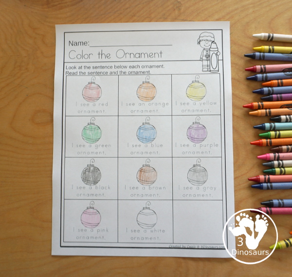 Christmas Ornament Color Pack - with 78 pages of printables with color easy reader book, color clip cards, color tracing strips, color writing strips, color pocket chart cards, color word writing, color word puzzles, and more all to work on learning color words. This is a great Christmas Ornament theme - 3Dinosaurs.com