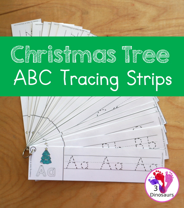 Free Christmas Tree Theme ABC Tracing Strips - with uppercase and lowercase together. You have fun kids with a Christmas Tree plus you can see an example of how to trace the letters - 3Dinosaurs.com