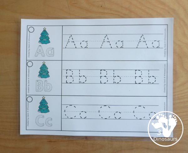 Free Christmas Tree Theme ABC Tracing Strips - with uppercase and lowercase together. You have fun kids with a Christmas Tree plus you can see an example of how to trace the letters - 3Dinosaurs.com