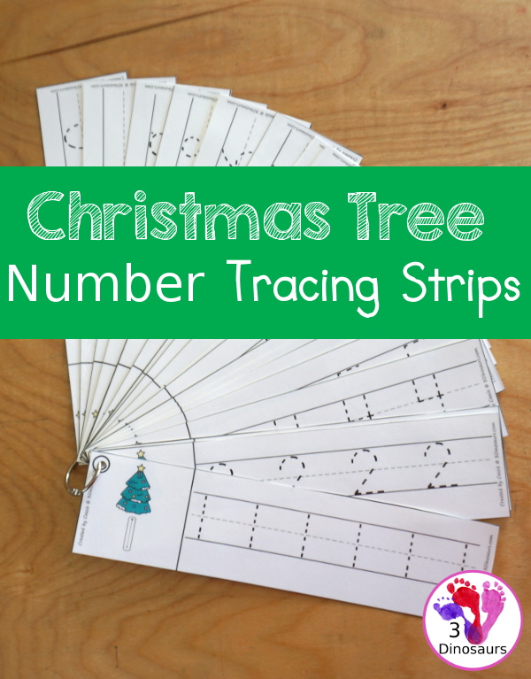 Free Christmas Tree Themed Number Tracing Strips - with numbers 0 to 20. You have an example of how to trace the number and then numbers to trace - 3Dinosaurs.com