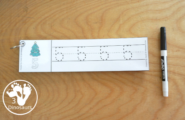 Free Christmas Tree Themed Number Tracing Strips - with numbers 0 to 20. You have an example of how to trace the number and then numbers to trace - 3Dinosaurs.com