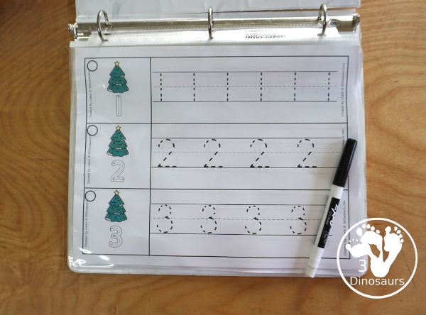 Free Christmas Tree Themed Number Tracing Strips - with numbers 0 to 20. You have an example of how to trace the number and then numbers to trace - 3Dinosaurs.com