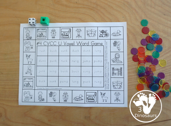 Free CVCC Word Printable Games - 4 fun games with CVCC short a words, CVCC short e words, CVCC short i words, CVCC sort u words with pictures outside and words to find in the middle. A great review for CVCC words- 3Dinosaurs.com