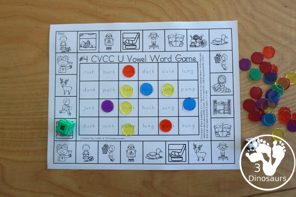 Free CVCC Word Printable Games - 4 fun games with CVCC short a words, CVCC short e words, CVCC short i words, CVCC sort u words with pictures outside and words to find in the middle. A great review for CVCC words- 3Dinosaurs.com