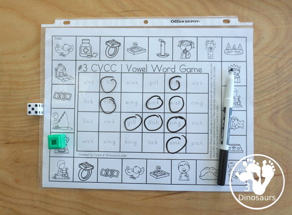 Free CVCC Word Printable Games - 4 fun games with CVCC short a words, CVCC short e words, CVCC short i words, CVCC sort u words with pictures outside and words to find in the middle. A great review for CVCC words- 3Dinosaurs.com