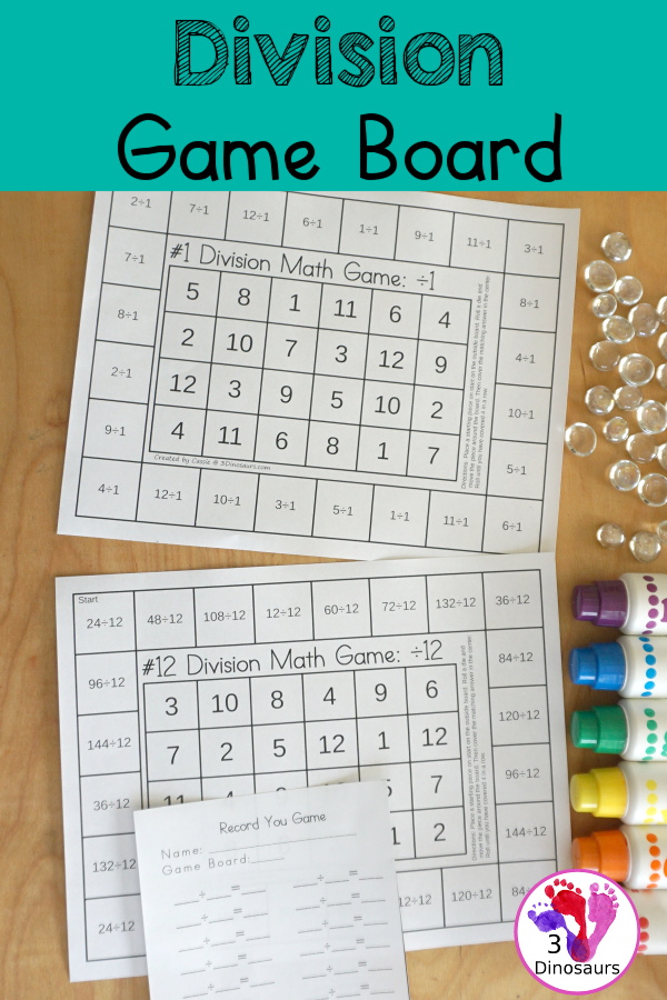 Free Division Board Game Printable - with 12 game boards to practice division while having fun practice division math facts - 3Dinosaurs.com