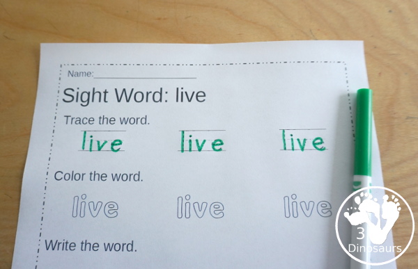 Free First Grade Sight Word Trace, Color, Write, Cut & Paste - all 41 dolch first grade sight words in an easy to use worksheet that has trace, coloring, writing, and cut and paste for the sight words - 3Dinosaurs.com