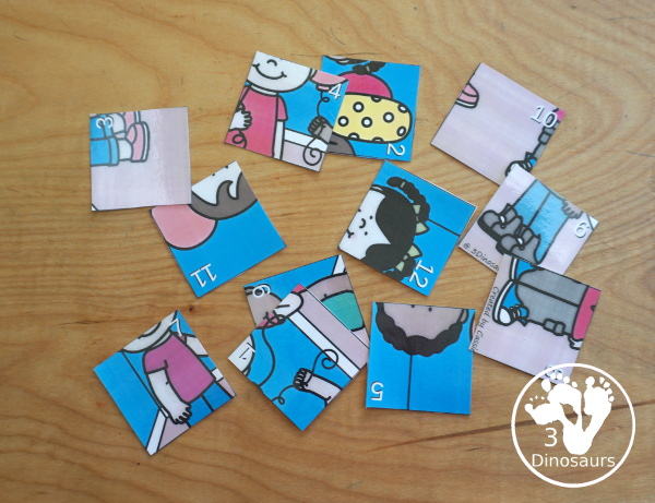 Free Number Counting Fingers Puzzle - counting from 1 to 12 with fingers and a matching puzzles. A simple way to counting and match numbers - 3Dinosaurs.com