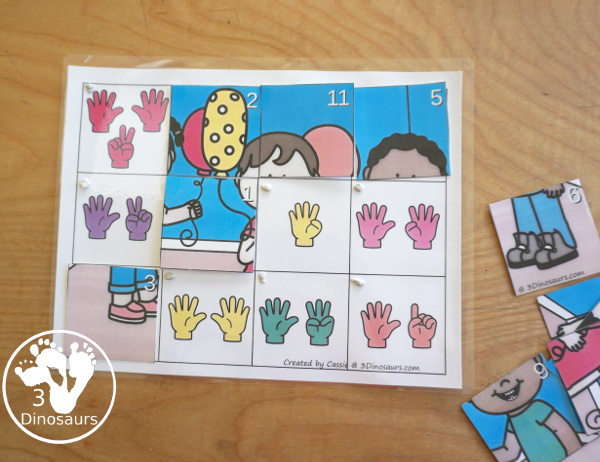 Free Number Counting Fingers Puzzle - counting from 1 to 12 with fingers and a matching puzzles. A simple way to counting and match numbers - 3Dinosaurs.com