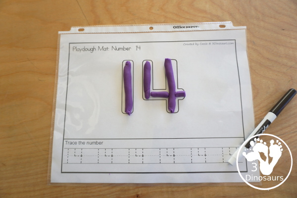 Free Number Playdough Mats 0 to 20 - has two number playdough mats for each number. You have the number playdough and then tracing or writing for the number - 3Dinosaurs.com