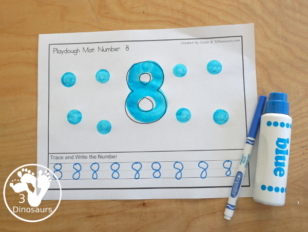 Free Number Playdough Mats 0 to 20 - has two number playdough mats for each number. You have the number playdough and then tracing or writing for the number - 3Dinosaurs.com