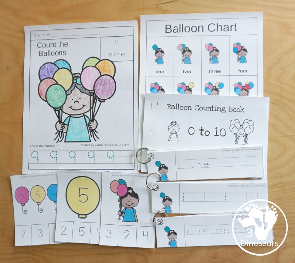 Party Activity Pack: Numbers - with balloon no-prep number worksheets, balloon number counting chart, balloon number easy reader book, balloon themed number clip cards and balloon themed number tracing strips - 3Dinosaurs.com