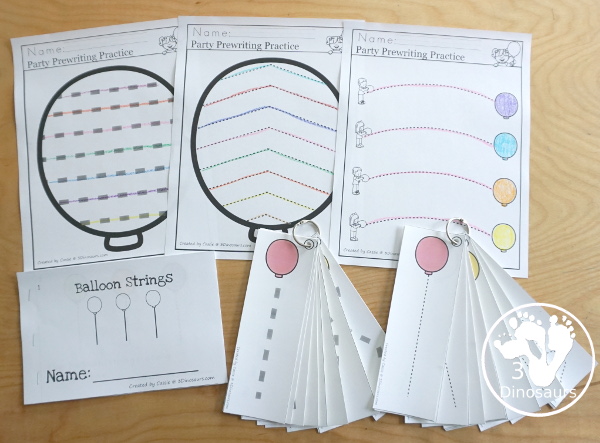 Party Activity Pack: Prewriting - several different types of lines with balloon prewriting, balloon prewriting strips, balloon prewriting easy reader book - 3Dinosaurs.com