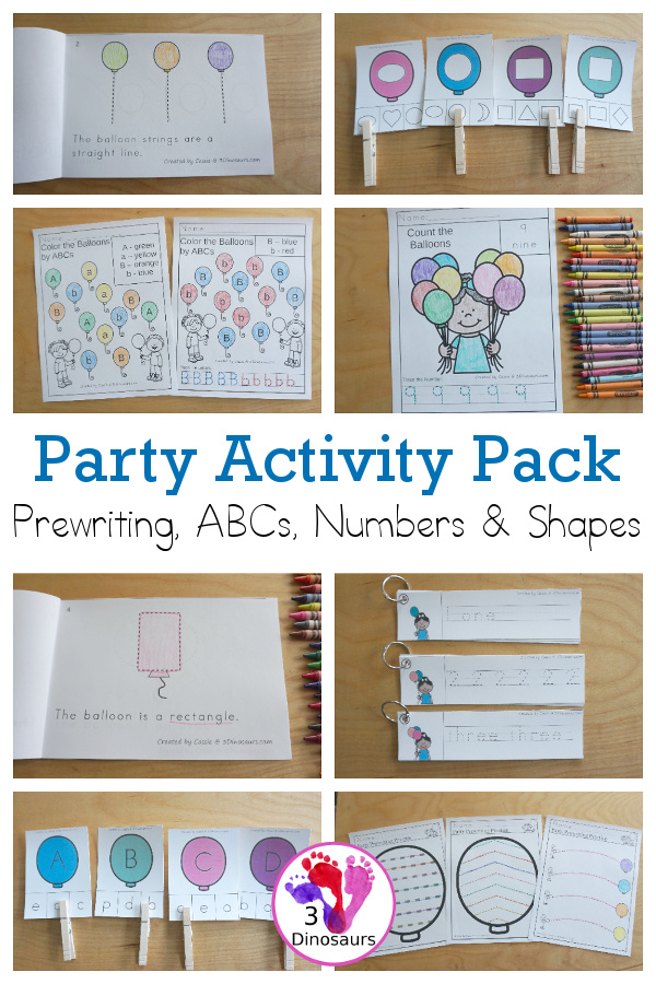 Party Activity Pack: Prewriting, Shapes, ABCs & Numbers - A party and balloon themed pack with balloon themed easy reader books, balloon clip cards, balloon training strips and balloon no-prep worksheets 189 pages - 3Dinosaurs.com