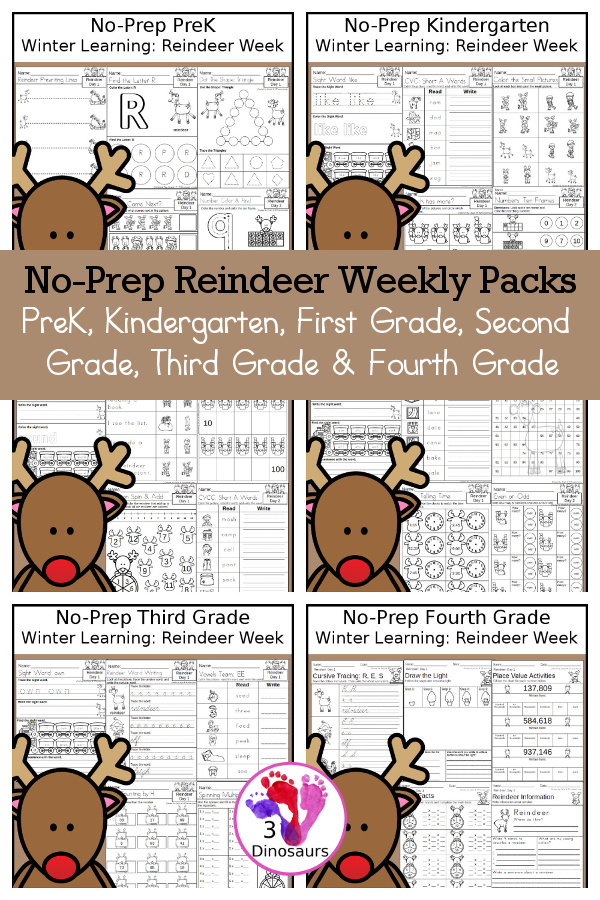Reindeer No-Prep Weekly Packs PreK, Kindergarten, First Grade, Second Grade, Third Grade & Fourth Grade with 5 days of activities to do for each grade level With loads of general Christmas activities - You will find a mix of math, language, and more - These are easy to use packs for winter learning, homework, early finisher, and morning work. Easy no-prep printables for kids with four pages for each day - 3Dinosaurs.com