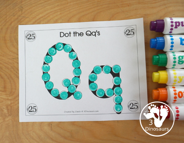 Free Romping & Roaring Q Pack: Letter Q is for Quarter - a letter Q pack that has prewriting, finding letters, tracing letters, coloring pages, shapes, puzzles and more - 3Dinosaurs.com