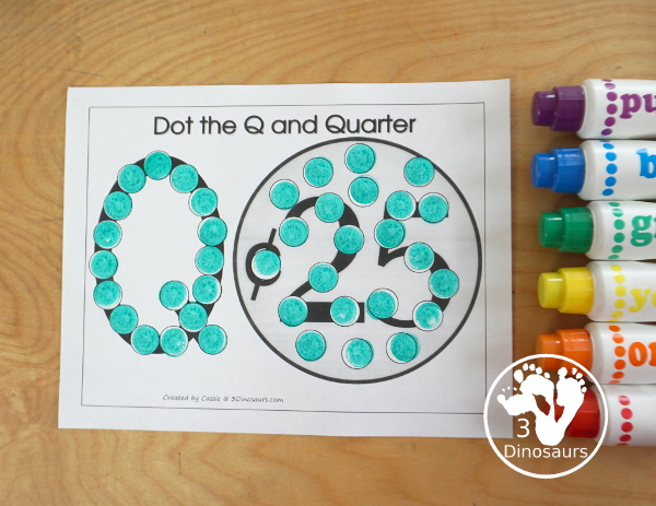 Free Romping & Roaring Q Pack: Letter Q is for Quarter - a letter Q pack that has prewriting, finding letters, tracing letters, coloring pages, shapes, puzzles and more - 3Dinosaurs.com