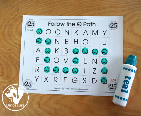 Free Romping & Roaring Q Pack: Letter Q is for Quarter - a letter Q pack that has prewriting, finding letters, tracing letters, coloring pages, shapes, puzzles and more - 3Dinosaurs.com