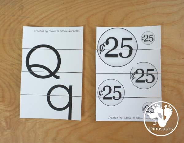 Free Romping & Roaring Q Pack: Letter Q is for Quarter - a letter Q pack that has prewriting, finding letters, tracing letters, coloring pages, shapes, puzzles and more - 3Dinosaurs.com